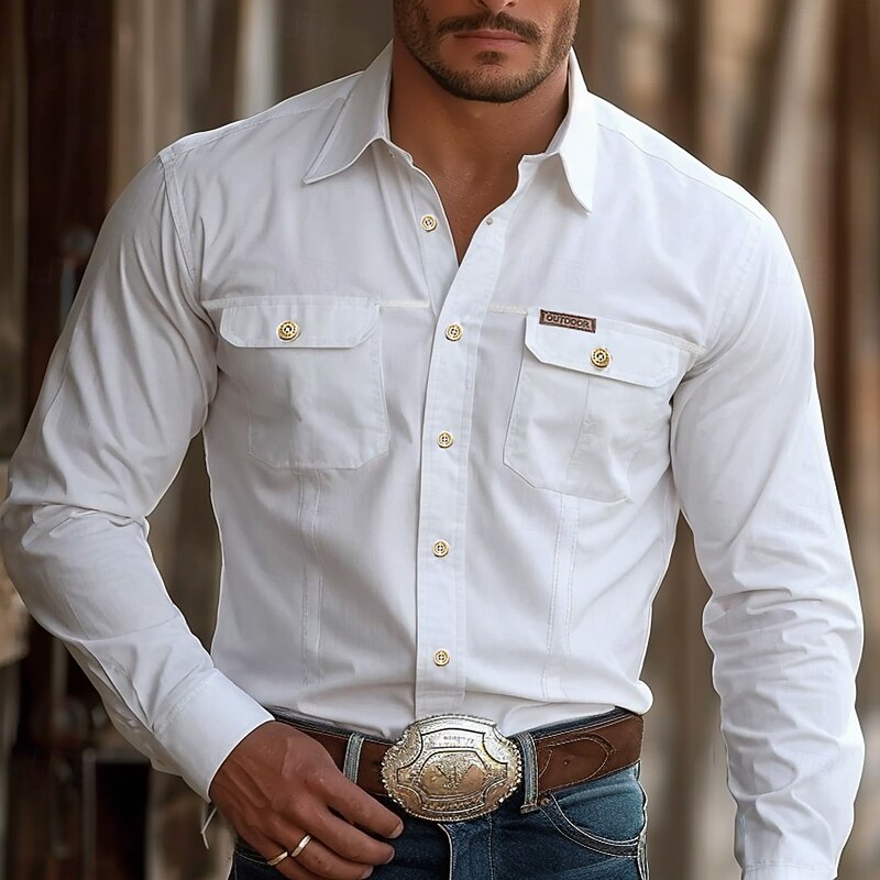 Men's Graphic Work Shirt Western Shirt Cargo Shirt Long Sleeve Casual Tactical Sports & Outdoor Going out Spring Turndown Button Up Collared Shirts White