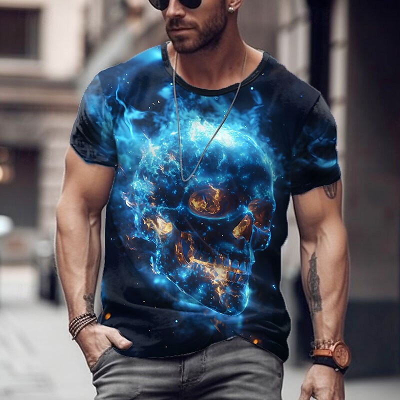 Men's Skull Flame T Shirt Short Sleeve T shirt 3D Print Crew Neck Shirt Exaggerated Designer Party Holiday Club Red Blue Summer Spring Clothing Apparel S M L XL XXL XXXL