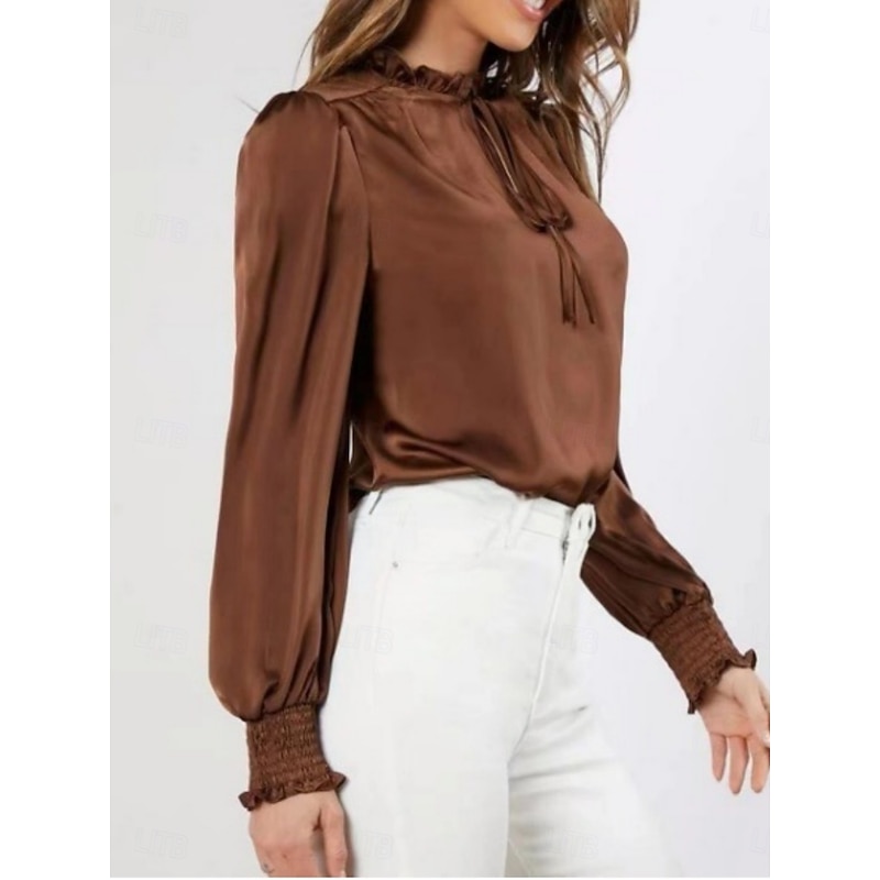 Women's Shirt Elegant Dressy Satin Solid Color Business Modern Casual Long Sleeve Turtleneck Regular Tops Work Formal Wear Lace up Ruffle Brown Rose Pink Summer Spring2