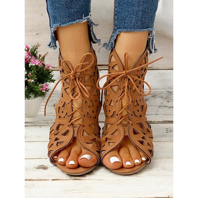 Women's Tan Cut-out Wedge Sandals with Lace-up Design – Comfortable Summer Footwear for Casual Outings