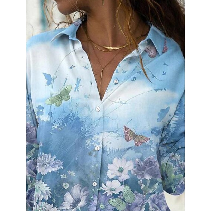 Women's Shirt Blouse Floral Stylish Casual Long Sleeve Shirt Collar Regular Tops Daily Buttons Print Pink Blue Purple Orange Summer Spring2
