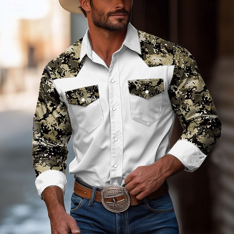 Men's Camouflage Western Shirt Long Sleeve Western Sports Outdoor Spring Fall Turndown Button Up 2 Pockets Black White Green3