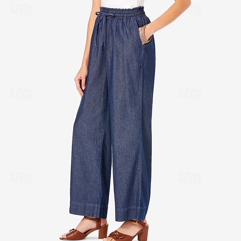 Women's Linen Pants Pants Trousers Lightweight Casual Full Length Mid Rise Plain Pocket Drawstring Breathability Comfortable Inelastic Home Casual Daily Light Sky Blue Navy Summer Spring Regular Fit4