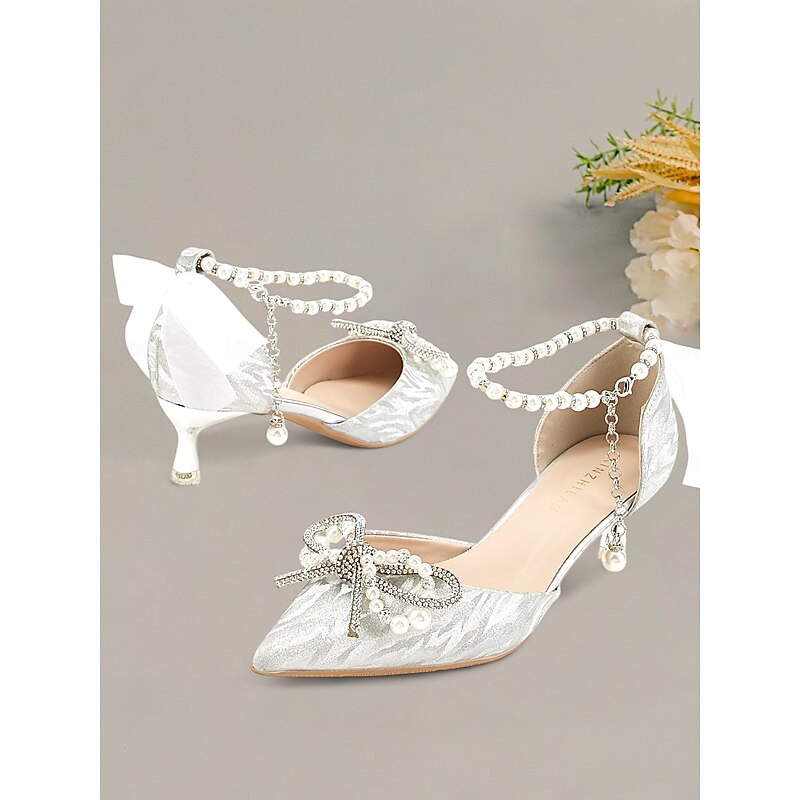 Silver Glitter Pointed-Toe Kitten Heels with Pearl Anklet and Bow Accents for Women - Stunning Wedding Shoes2
