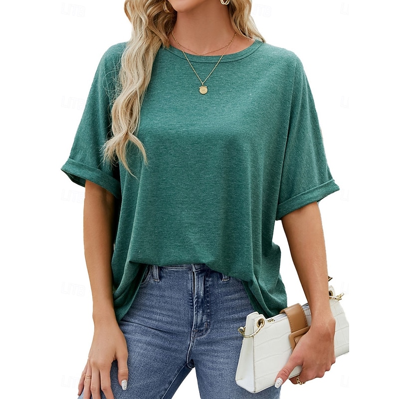 Women's T Shirt Plain Basic Casual Short Sleeve Crew Neck Regular Tops Daily Weekend Green Khaki Summer Spring