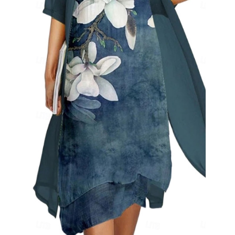 Women's Dress Set Casual Dress Elegant Fashion Floral Print Asymmetrical Midi Dress Long Sleeve Crew Neck Outdoor Vacation Blue Purple Dark Blue Summer Spring Regular Fit3