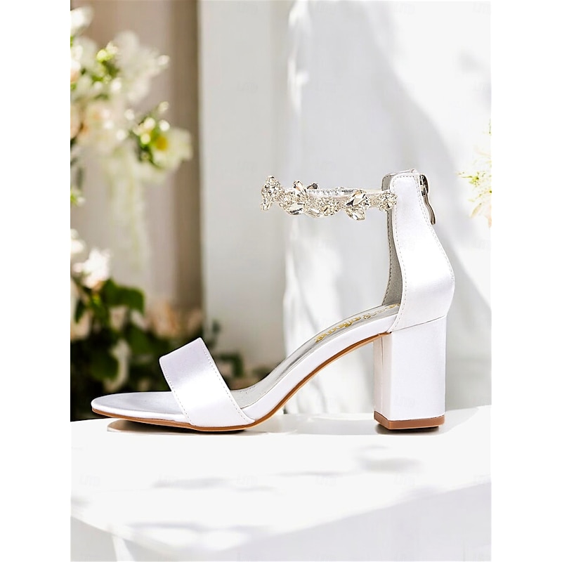 White Satin Block Heel Bridal Sandals with Floral Ankle Strap – Perfect for Weddings and Receptions4