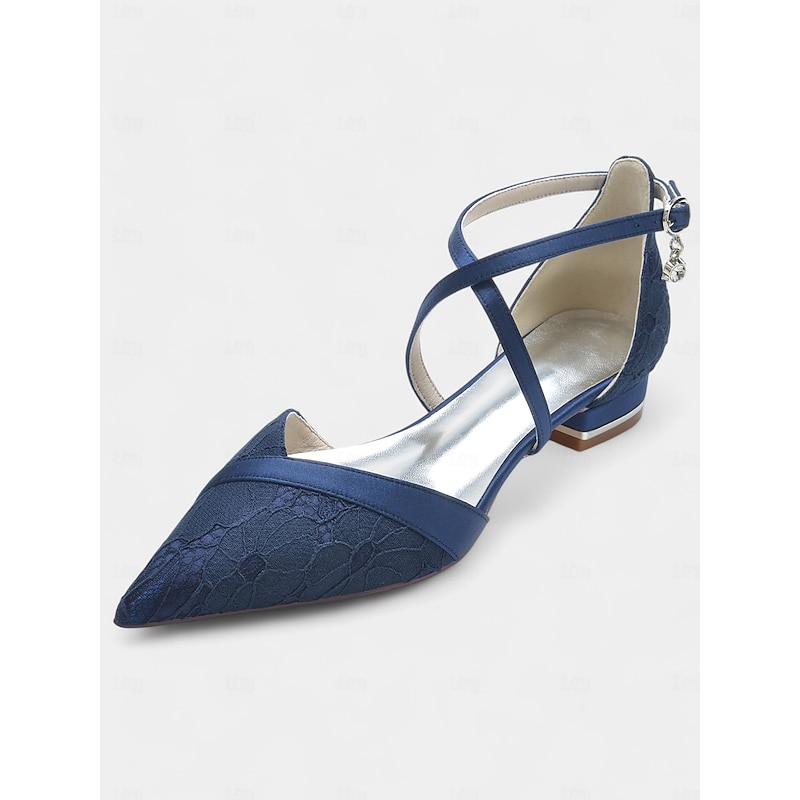Navy Blue Satin Cross-Strap Low Heel Shoes with Lace Overlay for Women's Formal Events and Wedding