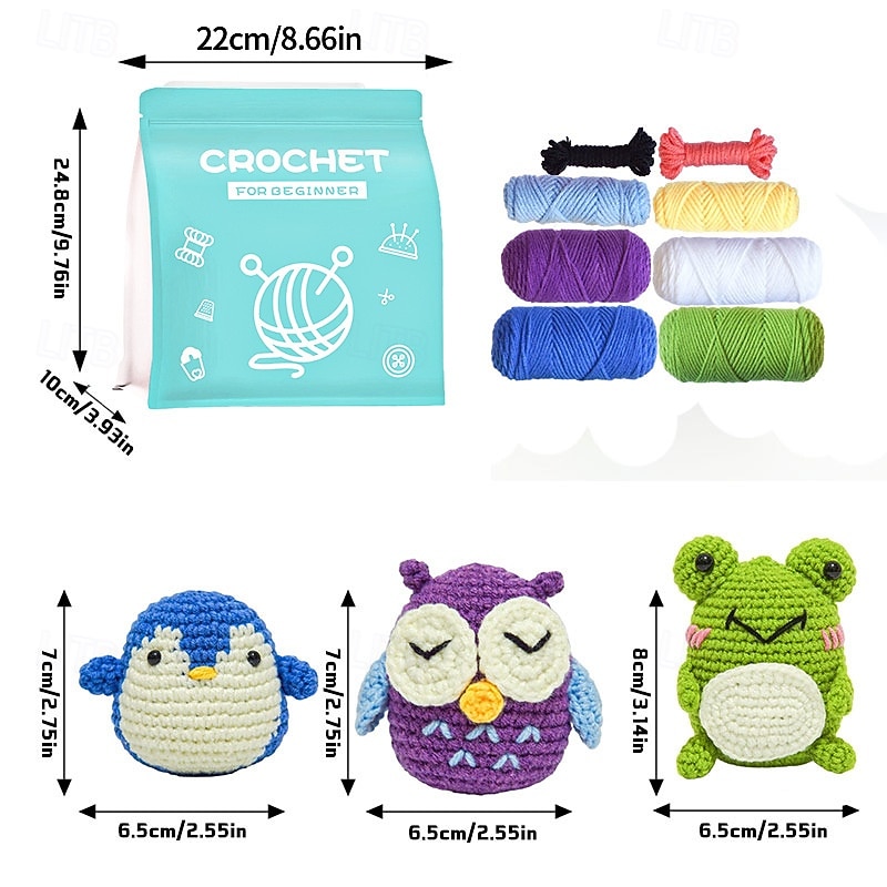 Christmas Crochet Kit for Beginners 3 Pattern Animals-Owl Penguin Frog Knitting Kit for Adult Kids with Step-by-Step Video Tutorials and Yarns Hook Accessories3