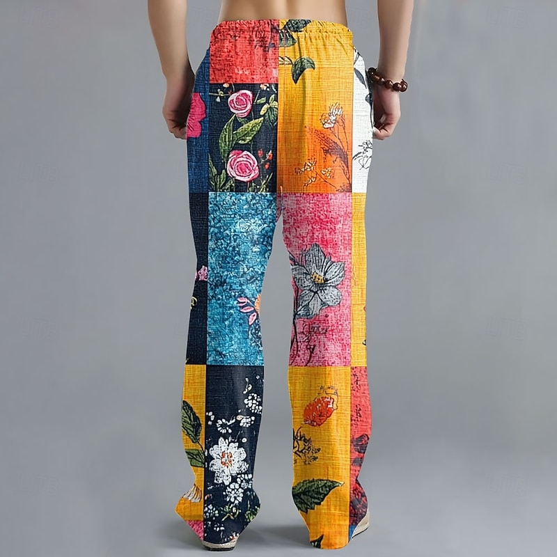 Men's Floral Color Block Patchwork Trousers Casual Pants Drawstring Elastic Waist Hawaiian Ethnic Casual Outdoor Vacation Holiday Side Pockets Straight Leg Trousers Summer Spring Fall 3D Print Black2
