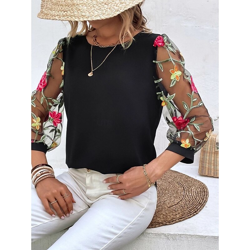 Women's Shirt Blouse Floral Stylish Casual 3/4 Length Sleeve Crew Neck Regular Tops Daily Mesh Embroidered Print Black Navy Blue Summer Spring4