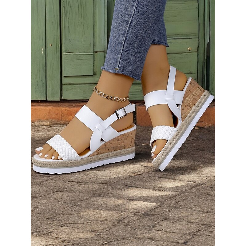 Women's Black Wedge Sandals with Cork Platform, Braided Strap and Adjustable Buckle for Casual Summer Outings4