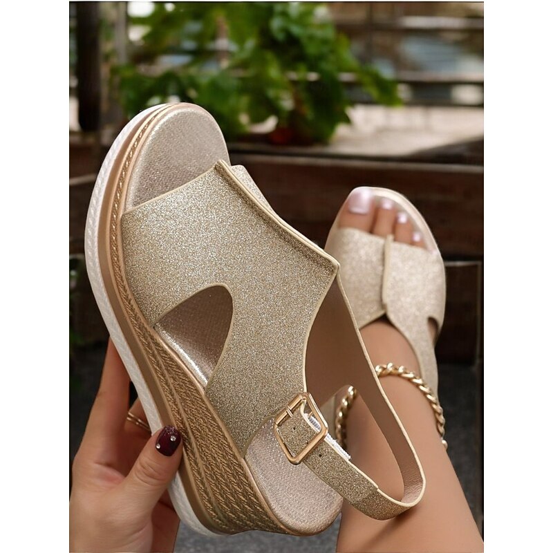Women's Glitter Gold Wedge Sandals with Cut-Out Design, Adjustable Strap,  Perfect for Summer Parties, Weddings, and Evening Events3