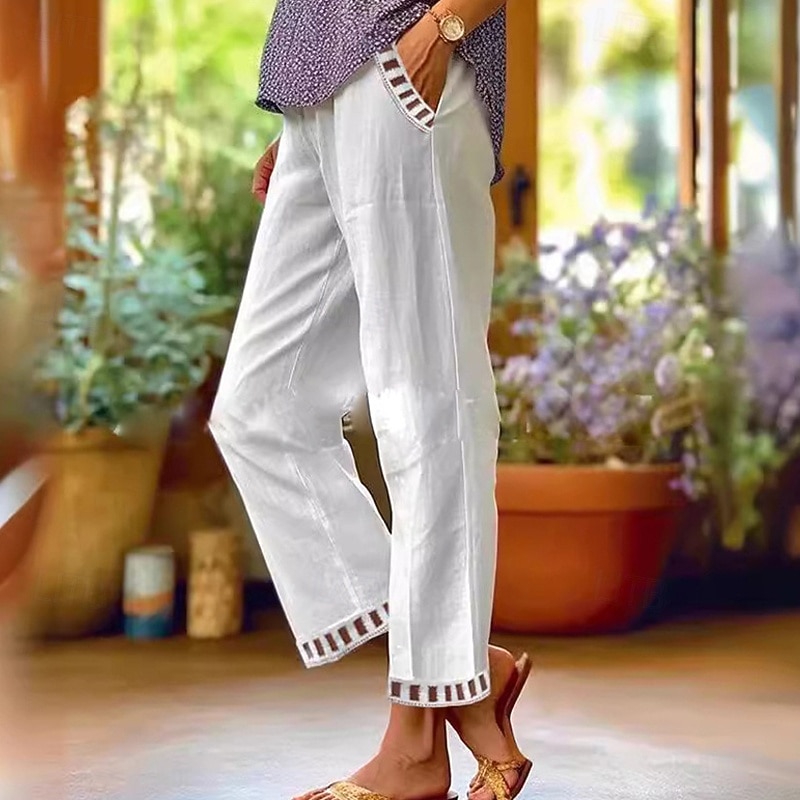 Women's Cotton Linen Pants Pants Trousers Lightweight Casual Ankle-Length Mid Rise Plain Pocket Breathability Comfortable Inelastic Casual Daily Weekend Sapphire Blue Black White Khaki Summer Spring