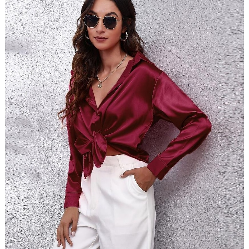 Women's Shirt Elegant Dressy Satin Solid Color Business Modern Casual Long Sleeve Shirt Collar Regular Tops Work Formal Wear Buttons Yellow Pink Wine Blue Green Summer Spring