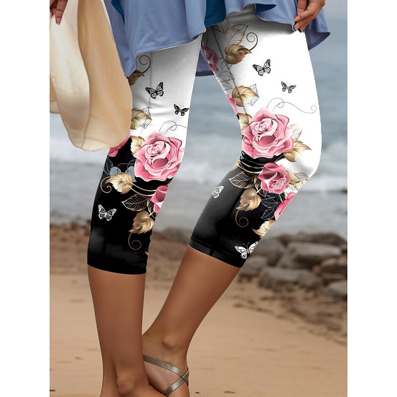 Women's Leggings Capri Pants High Elasticity Fashion Streetwear Full Length High Waist Floral Printing Thermal Warm Breathable Soft  Outdoor Daily Pink Fall Winter Regular Fit