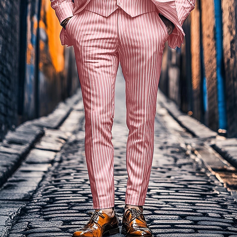 Men's Dress Pants Trousers Chinos Buttons Pocket Stripe Comfort Formal Party Work Fashion Classic Style Pink Blue Micro-elastic
