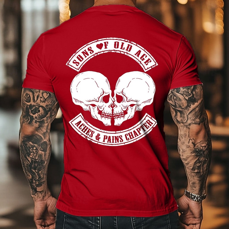 Mens Graphic T-Shirt, Sons of Old Age Aches & Pains Chapter Skull Design, Funny Aging Humor Lifestyle