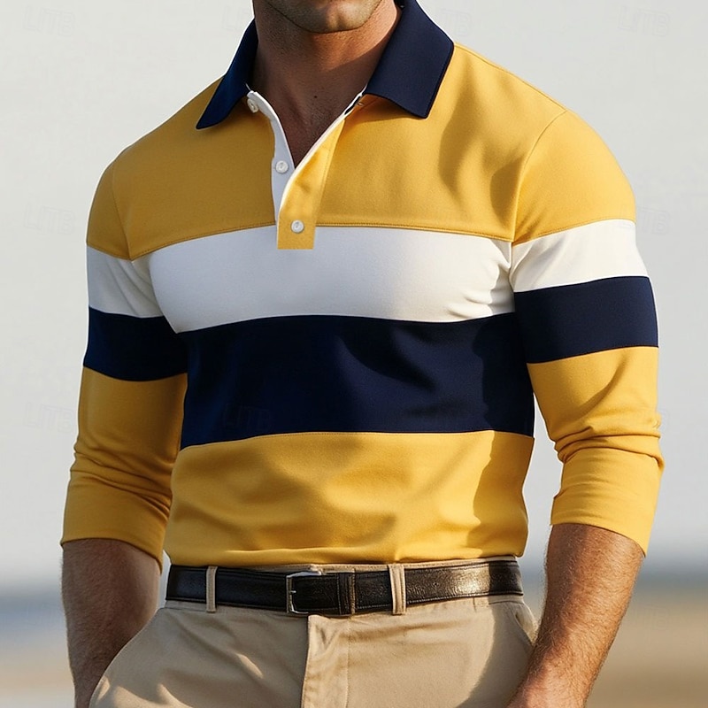 Men's Color Block Rugby Polo Shirts Long Sleeve Polo Shirts Ribbed Polo Collar Fashion 3D Print Comfortable Formal Work Casual Buttons Fall Winter Wine Yellow Gray