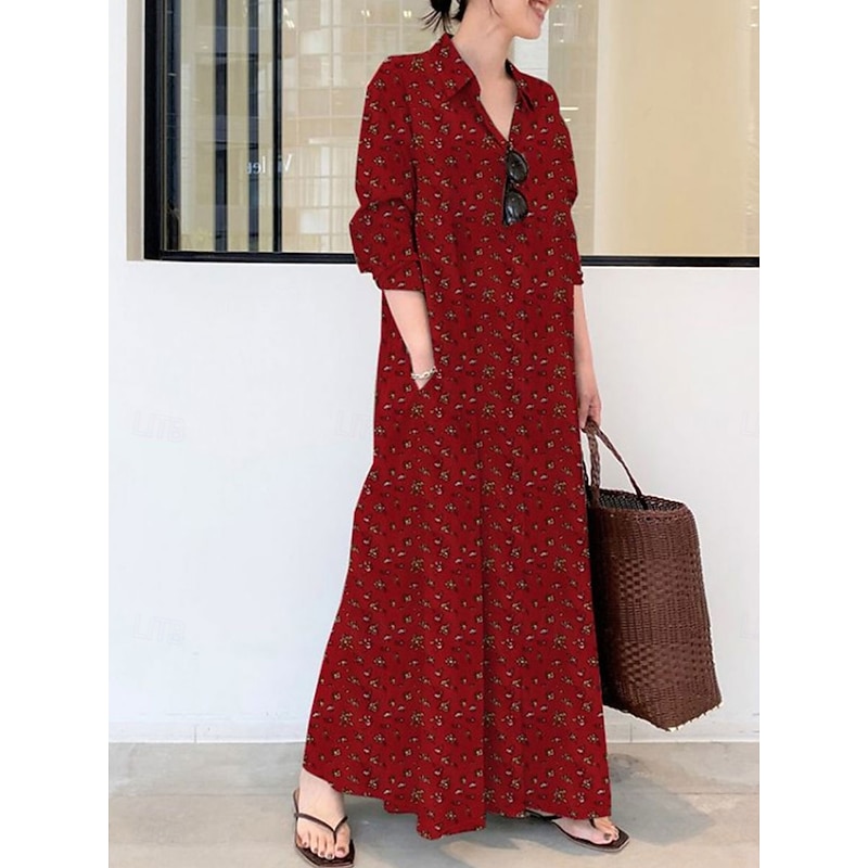 Women's Maxi Dress Cotton Linen Dresses Shirt Dress Elegant Vintage Stylish Vacation Party Daily Loose Fit Graphic Long Sleeve Shirt Collar Wine Royal Blue Green Spring Fall Winter