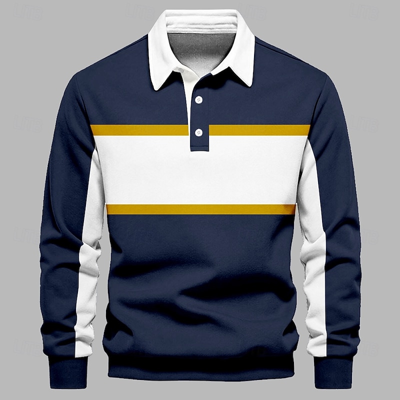 Men's Stripes Rugby Polo Long Sleeve Polo Shirts Collared Shirts Casual Outdoor Athleisure 3D Print Spring Fall Winter Blue