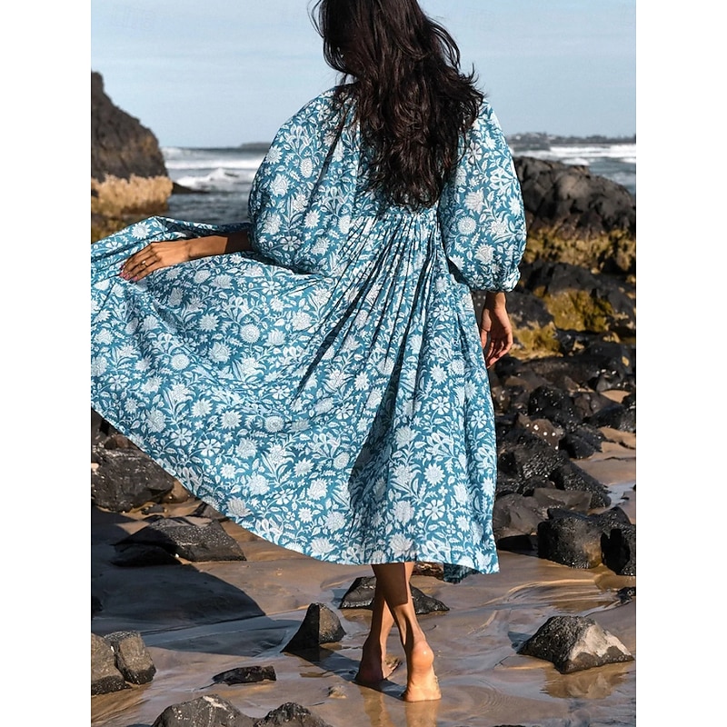 Women's Midi Dress Casual Dress Stylish Casual Vacation Daily Regular Fit Floral 3/4 Length Sleeve Crew Neck Navy Blue Blue Spring Fall