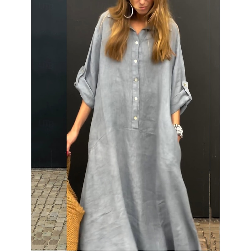 Women's Maxi Dress Cotton Linen Dresses Casual Dress Basic Casual Vacation Daily Regular Fit Plain Long Sleeve Shirt Collar Pink Green Gray Spring Fall4