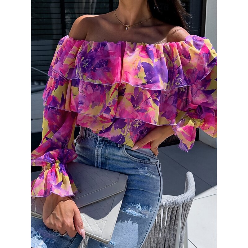 Women's Shirt Blouse Floral Leaf Stylish Casual Long Sleeve Off Shoulder Regular Tops Daily Ruffle Print Yellow Pink Purple Green Summer Spring3