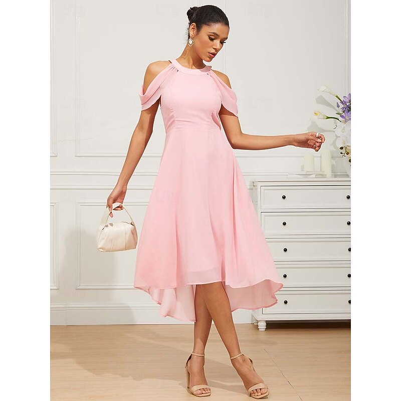 Women's Tea Length Chiffon Dress Elegant Formal Flutter Sleeve Wedding Guest Cocktail Party Regular Fit 3/4 Length Sleeve Halter Neck Pink Summer Spring