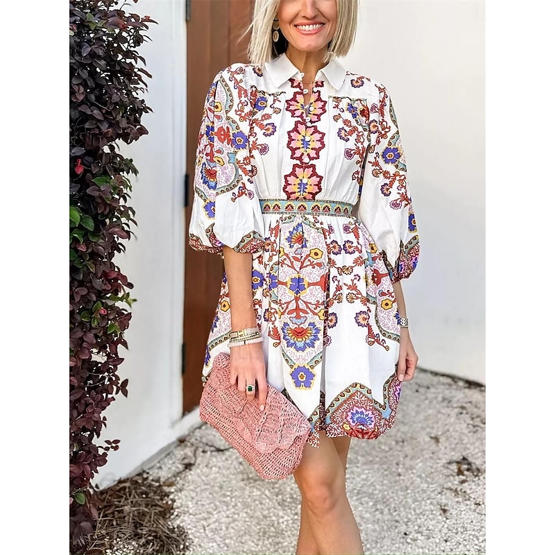 Women's Mini Dress Petite Dress A Line Dress Boho Dress Elegant Bohemia Cute Lantern Sleeve Vacation Daily Date Loose Fit Graphic Half Sleeve V Neck White Summer Spring Fall2