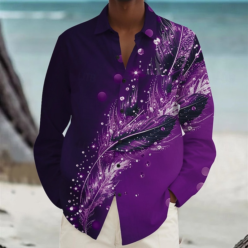 Men's Feathers Summer Hawaiian Shirt Button Up Shirt Aloha Shirt Long Sleeve Hawaiian Vacation Spring Fall Turndown Button Up Violet Blue Green Peacock Blue4