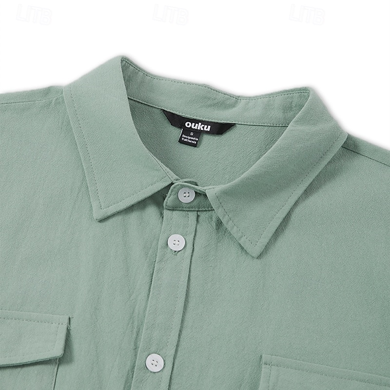 Men's Shirt Linen Shirt Summer Shirt Beach Shirt Solid Color Vacation Curise Green Light Grey Light Blue Short Sleeve Fold-over Collar Spring & Summer Clothing Apparel Pocket4