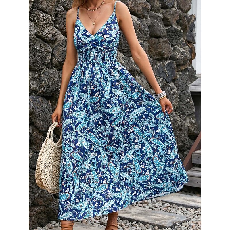 Women's Midi Dress Casual Dress A Line Dress Slip Dress Stylish Casual Vacation Daily Regular Fit Floral Sleeveless Strap Light Green Navy Blue Summer4
