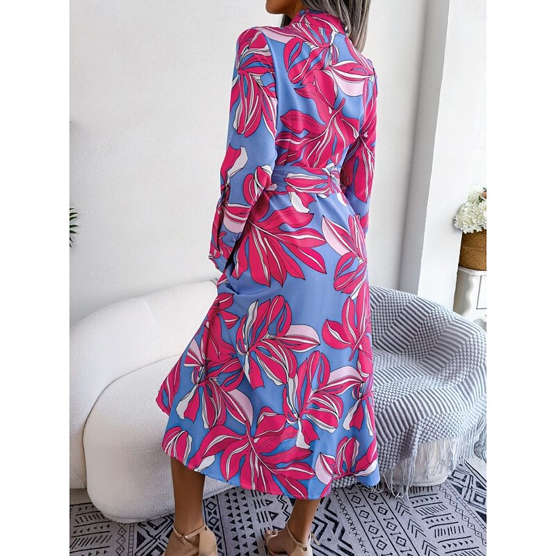 Women's Midi Dress Casual Dress A Line Dress Stylish Casual Vacation Daily Regular Fit Floral Leaf Long Sleeve Shirt Collar Fuchsia Spring Fall2