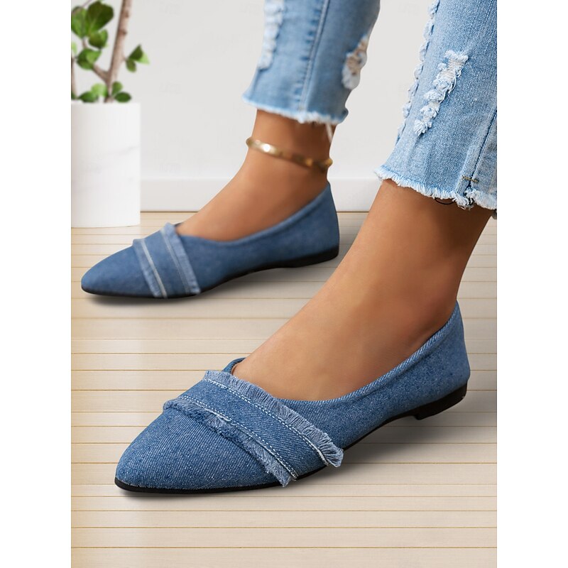 Women's Denim Pointed-Toe Flats with Frayed Detailing - Casual and Chic Shoes for Everyday Outings and Spring Fashion2