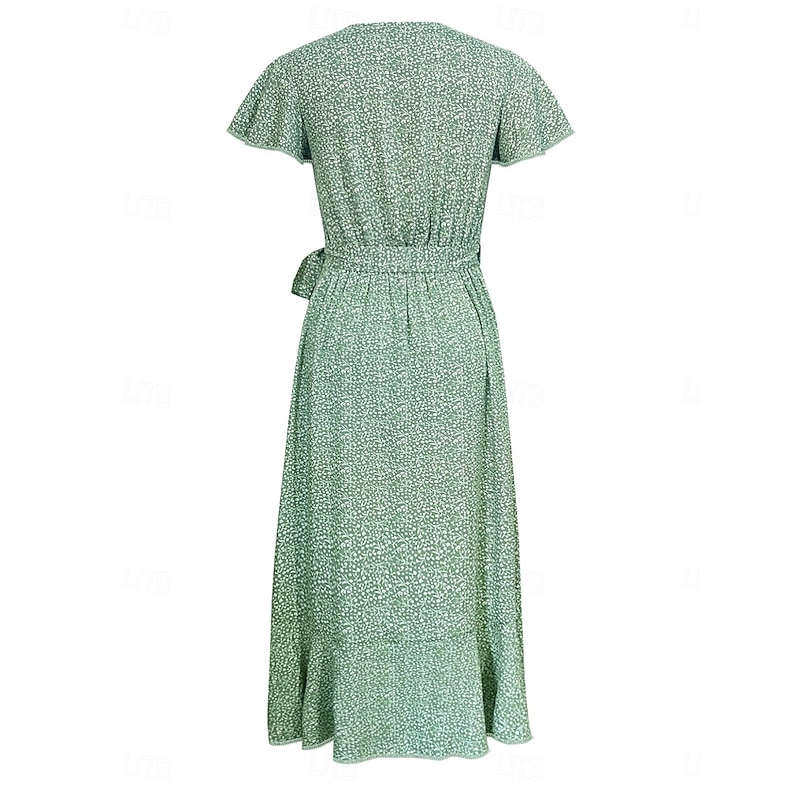 Women's Midi Dress Casual Dress Wrap Dress A Line Dress Stylish Casual Vacation Daily Regular Fit Floral Short Sleeve V Neck Green Summer3