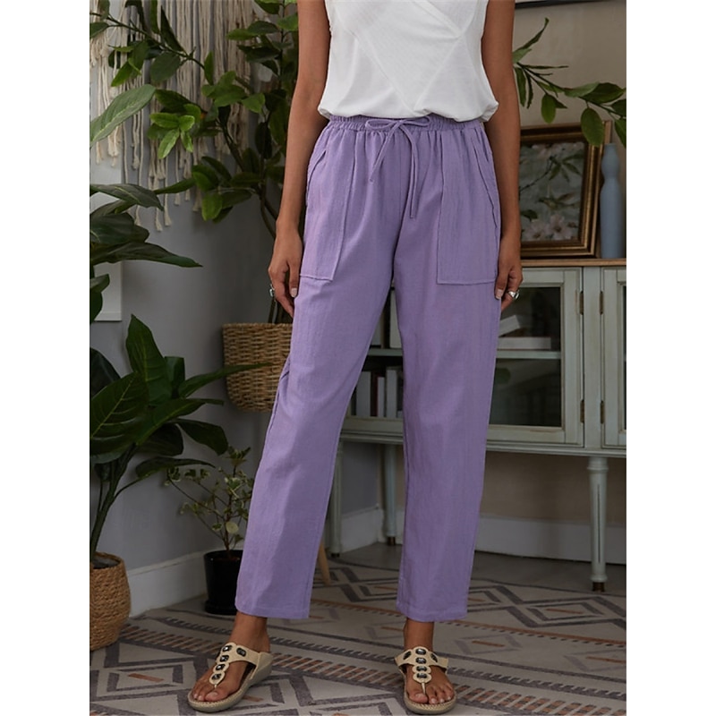 Women's Cotton Linen Pants Chinos Classic Style Full Length High Waist Plain Pocket Elastic Waistband Comfy Soft Comfortable Micro-elastic Outdoor Street Purple Green Summer Spring Regular Fit