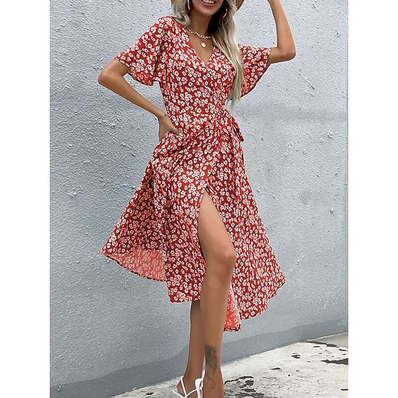 Women's Midi Dress Casual Dress A Line Dress Stylish Casual Vacation Daily Regular Fit Floral Short Sleeve V Neck Wine Summer4