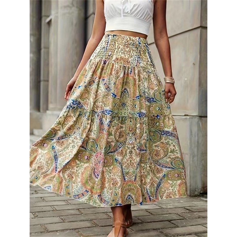 Women's Skirt A Line Fashion Casual Midi Mid Waist Skirts Geometric Print Micro-elastic Street Daily Wine Yellow Summer Polyester