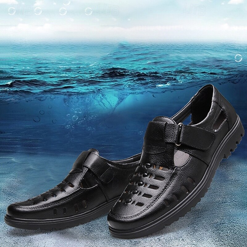 Men's Black Faux Leather Sandals – Breathable Cut-Out Design with Adjustable Strap, Lightweight Casual Shoes for Summer and Outdoor Wear4