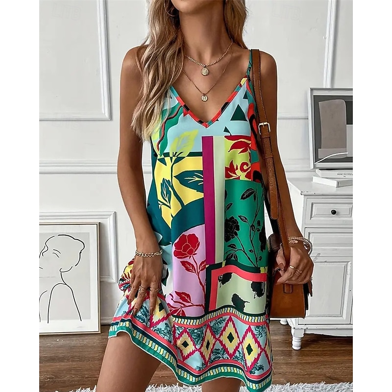 Women's Mini Dress Petite Dress Summer Dress Boho Dress Cami Dress Stylish Boho Vacation Daily Date Regular Fit Geometric Color Block Sleeveless V Neck Purple Orange Green Summer3