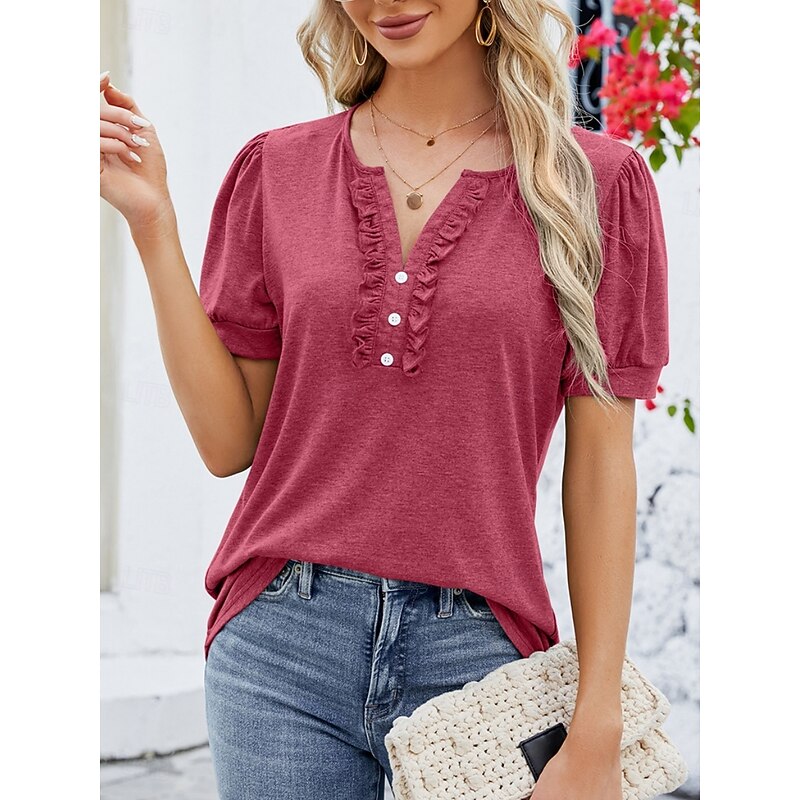 Women's T Shirt Plain Basic Casual Short Sleeve V Neck Regular Tops Daily Weekend Ruffle Buttons Wine Green Summer2