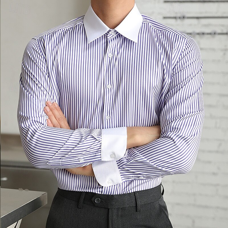 Men's Shirt Dress Shirt Button Up Shirt Stripe Wedding Party Black Blue Dark Green Green Long Sleeve Lapel Spring &  Fall Clothing Apparel2