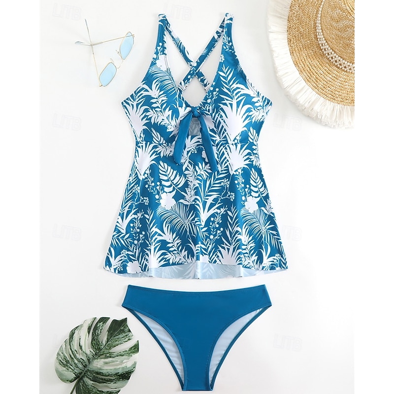 Women's Tankini Two Piece Swimsuit Deep V Swimwear Swimwear Blue Breathable Quick Dry Lightweight Sleeveless - Swimming Surfing Beach Summer Spring Plus Size2