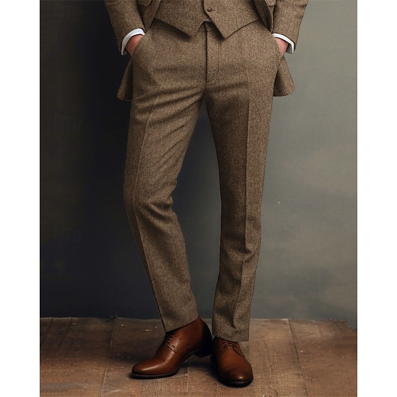 Men's Graduation Dress Pants Trousers Chinos Buttons Pocket Plain Comfort Formal Party Work Fashion Classic Style Brown Micro-elastic