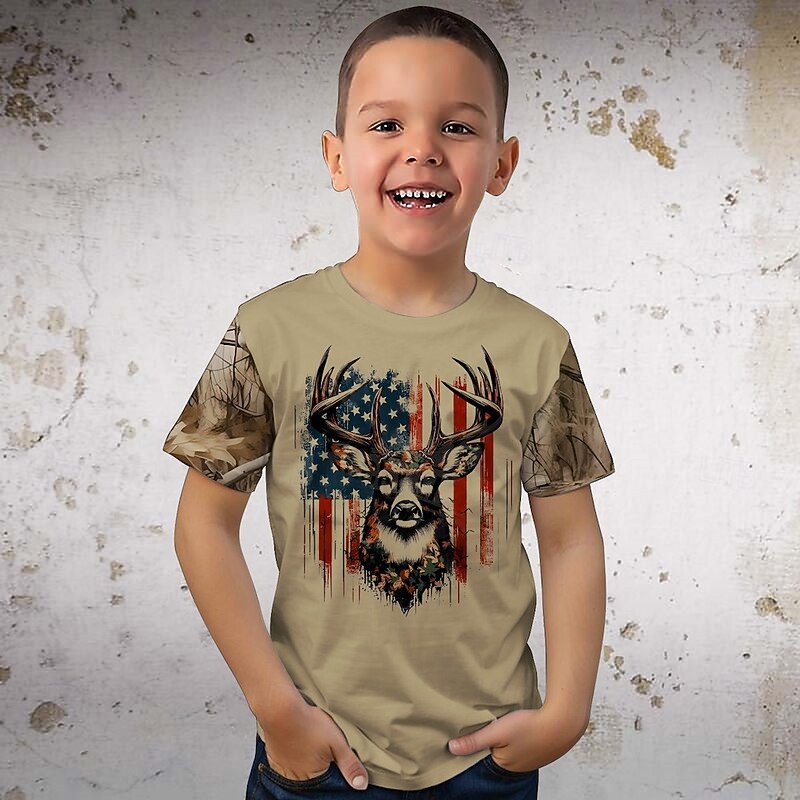 Boys 3D Graphic Flag Elk T shirt Tee Short Sleeve Summer Spring Fashion Basic Kids 4-12 Years Crew Neck Outdoor Casual Daily Regular Fit