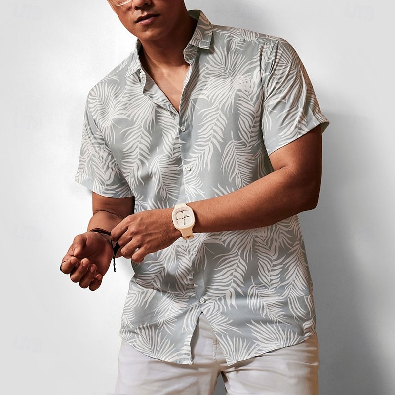 Men's Leaf Tropical Plants Summer Hawaiian Shirt Aloha Shirt Short Sleeve Hawaiian Resort Vacation Holiday Beach Wear Summer Spring Turndown Button Up Gray
