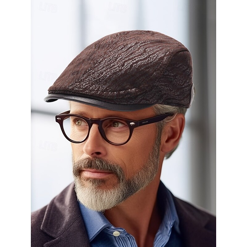 Vintage Brown Newsboy Beret Cap with Textured Pattern and Faux Leather Brim, Stylish Flat Cap for Men, Perfect for Casual Wear, Driving and Outdoor Activities