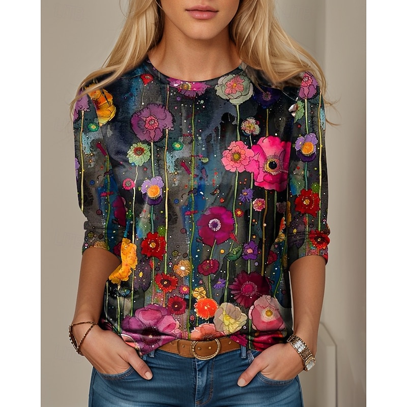 Women's T shirt Crew Neck Long Sleeve Tunic Oil painting flowers Casual  Regular Tops Daily Print Black Spring Fall