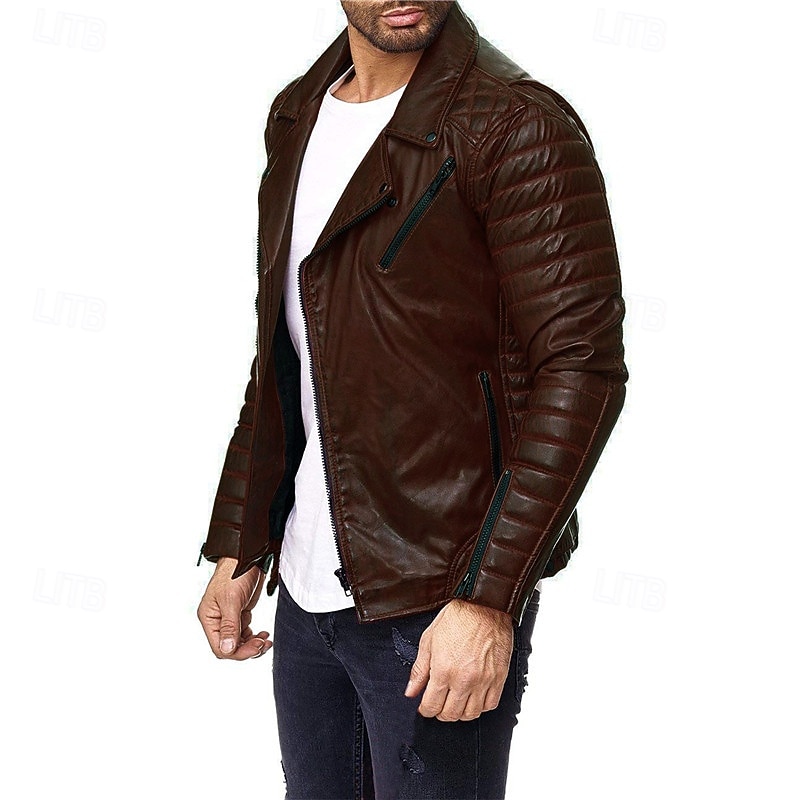 Men's Faux Leather Jacket Transition Jacket Biker Jacket Motorcycle Jacket Vacation Daily Windproof Warm Pocket Fall & Winter Plain Fashion Classic Lapel Regular Faux Leather Black Red Coffee Jacket3